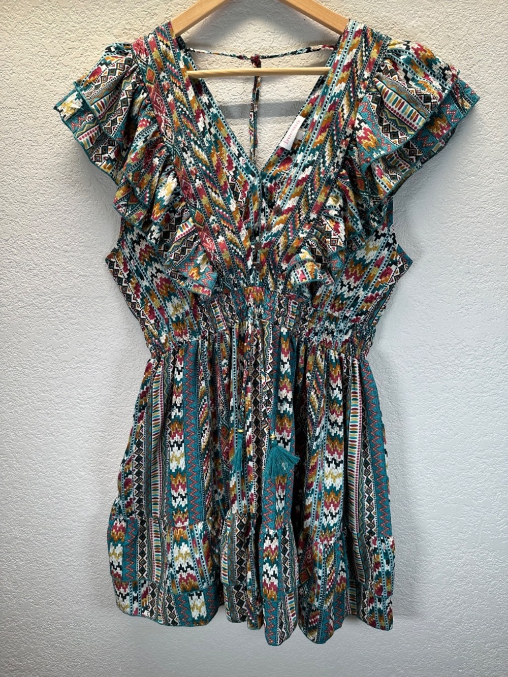 Boemo Mini Dress Size XL Pockets Garden Party Boho Tribal Print Tassels Cowgirl